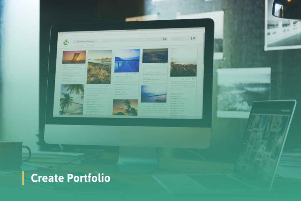 Desktop monitor displaying a portfolio on the screen, showcasing various images and design projects arranged in a clean, organized layout.